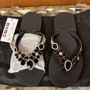 Elegant Black Bejeweled Sandals Size 10